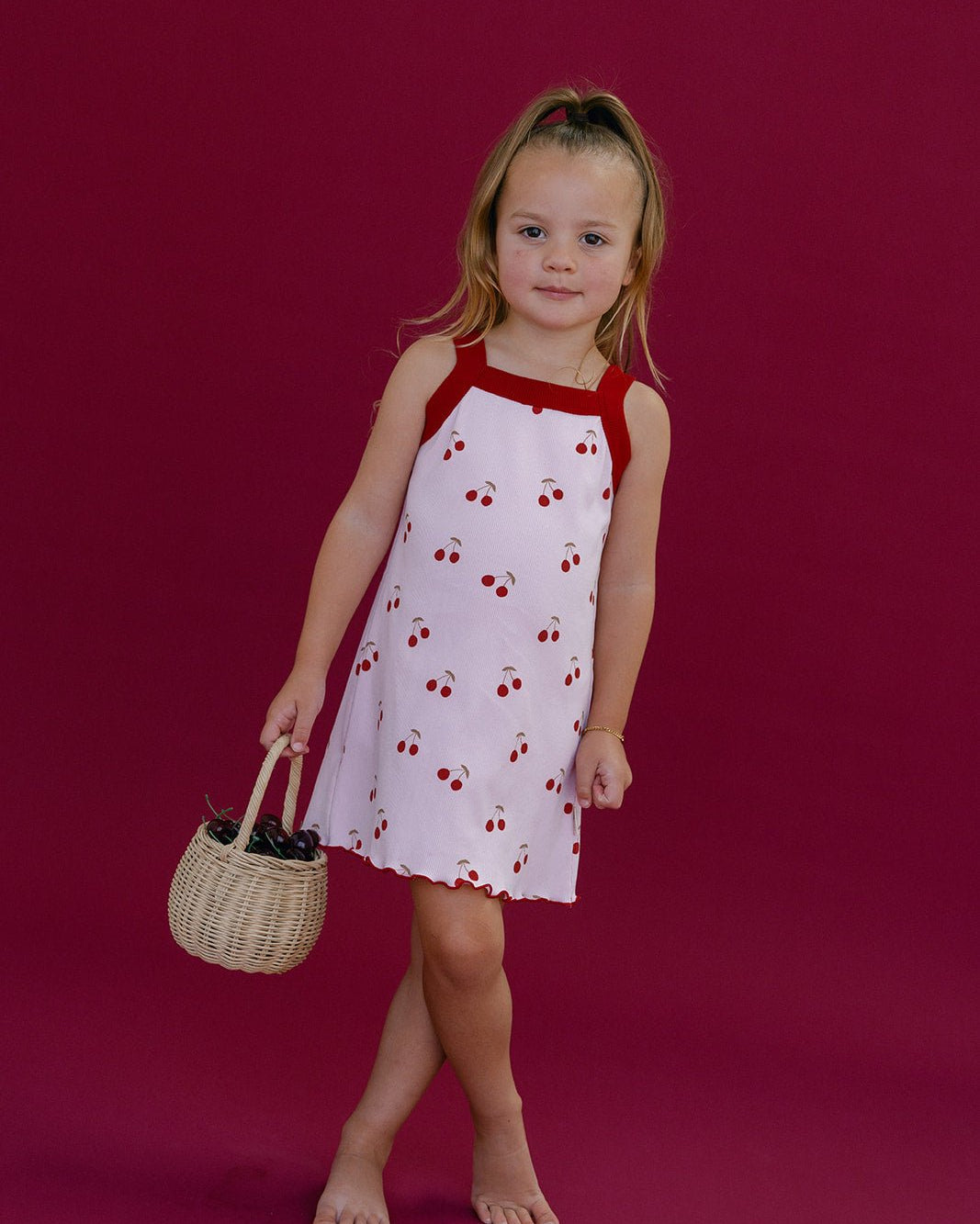Cherries Rib Dress - Baby Pink/Red - MYLA JANE