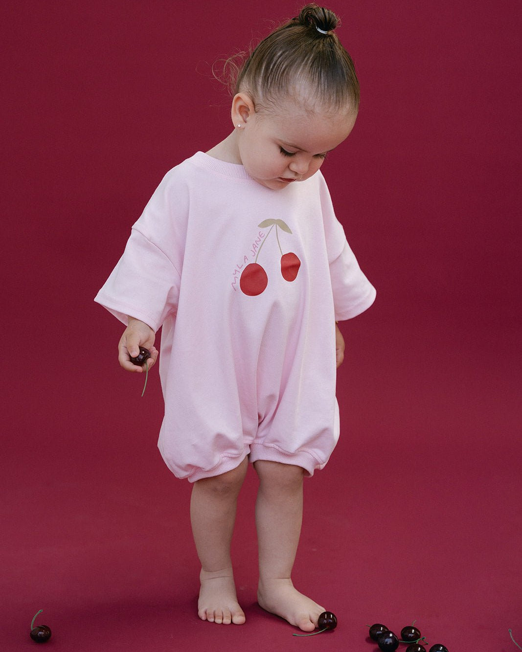 Cherries T-Shirt Romper - Baby Pink - MYLA JANE