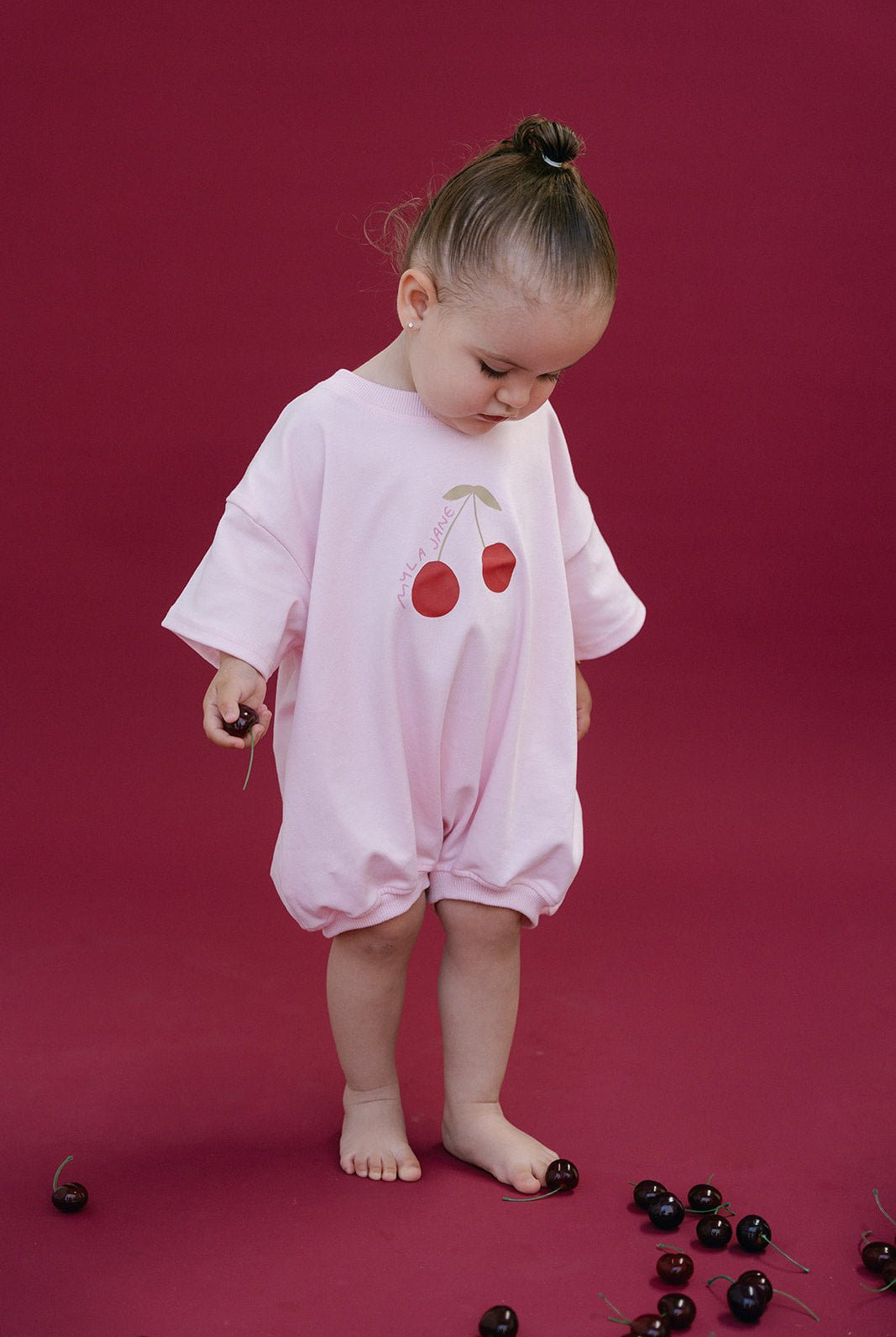 Cherries T-Shirt Romper - Baby Pink - MYLA JANE