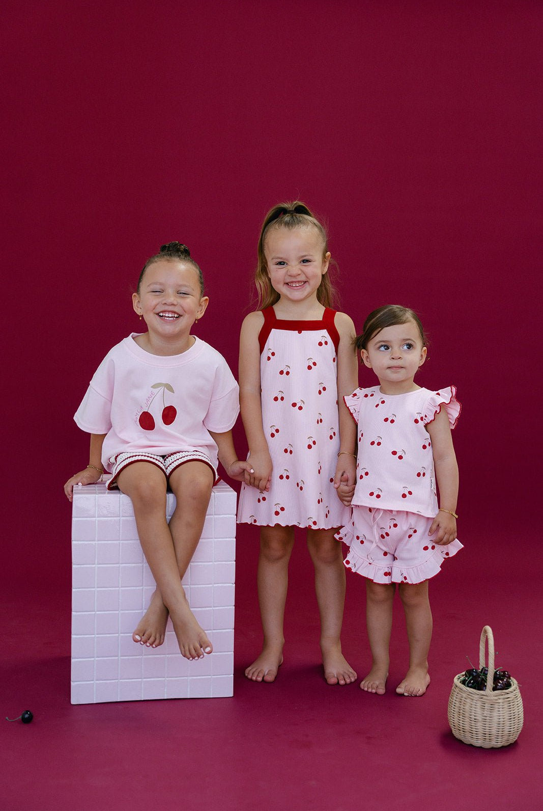 Cherries Rib Dress - Baby Pink/Red - MYLA JANE