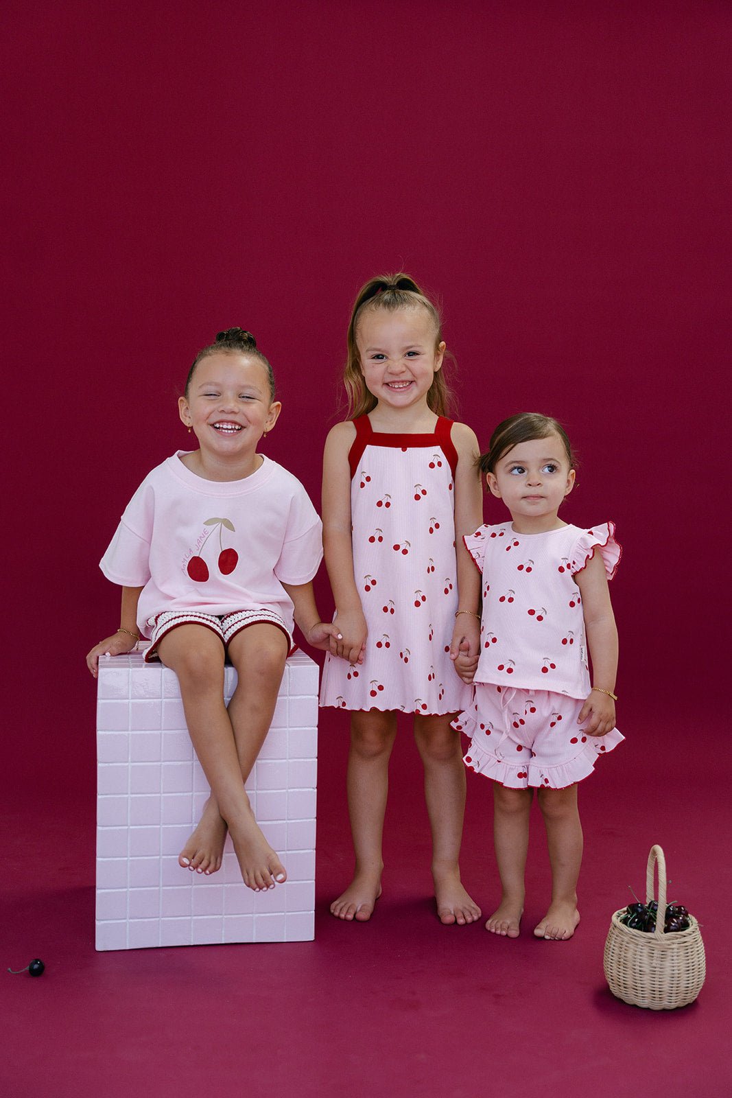 Cherries Rib Dress - Baby Pink/Red - MYLA JANE