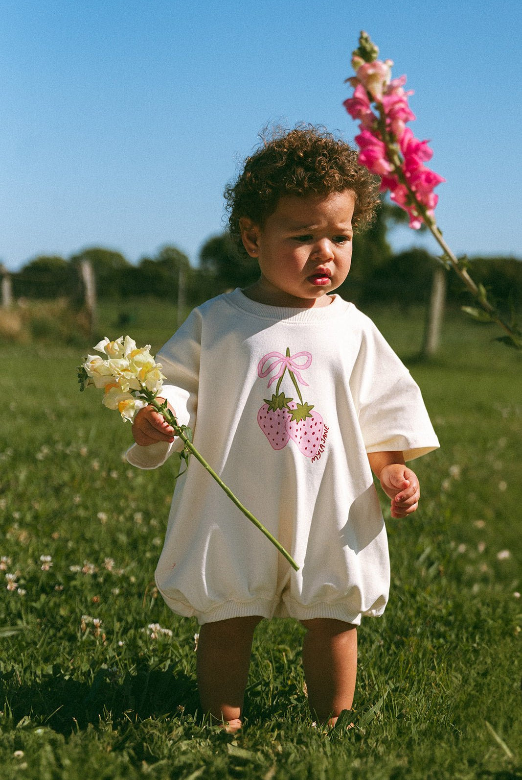 Berry Bow T-Shirt Romper - Cream - MYLA JANE