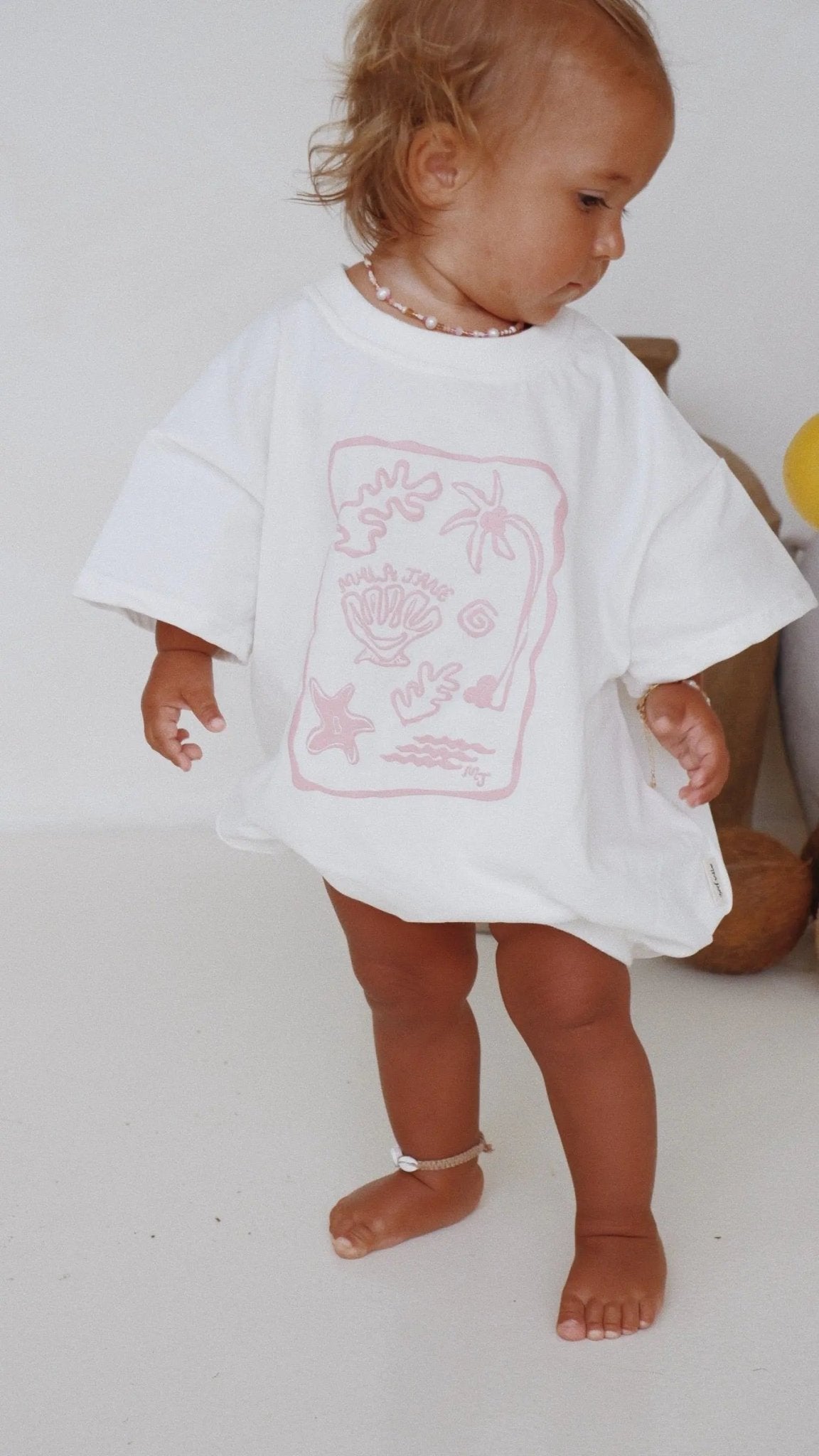 Seashell T-Shirt Romper - White/Pink - MYLA JANE