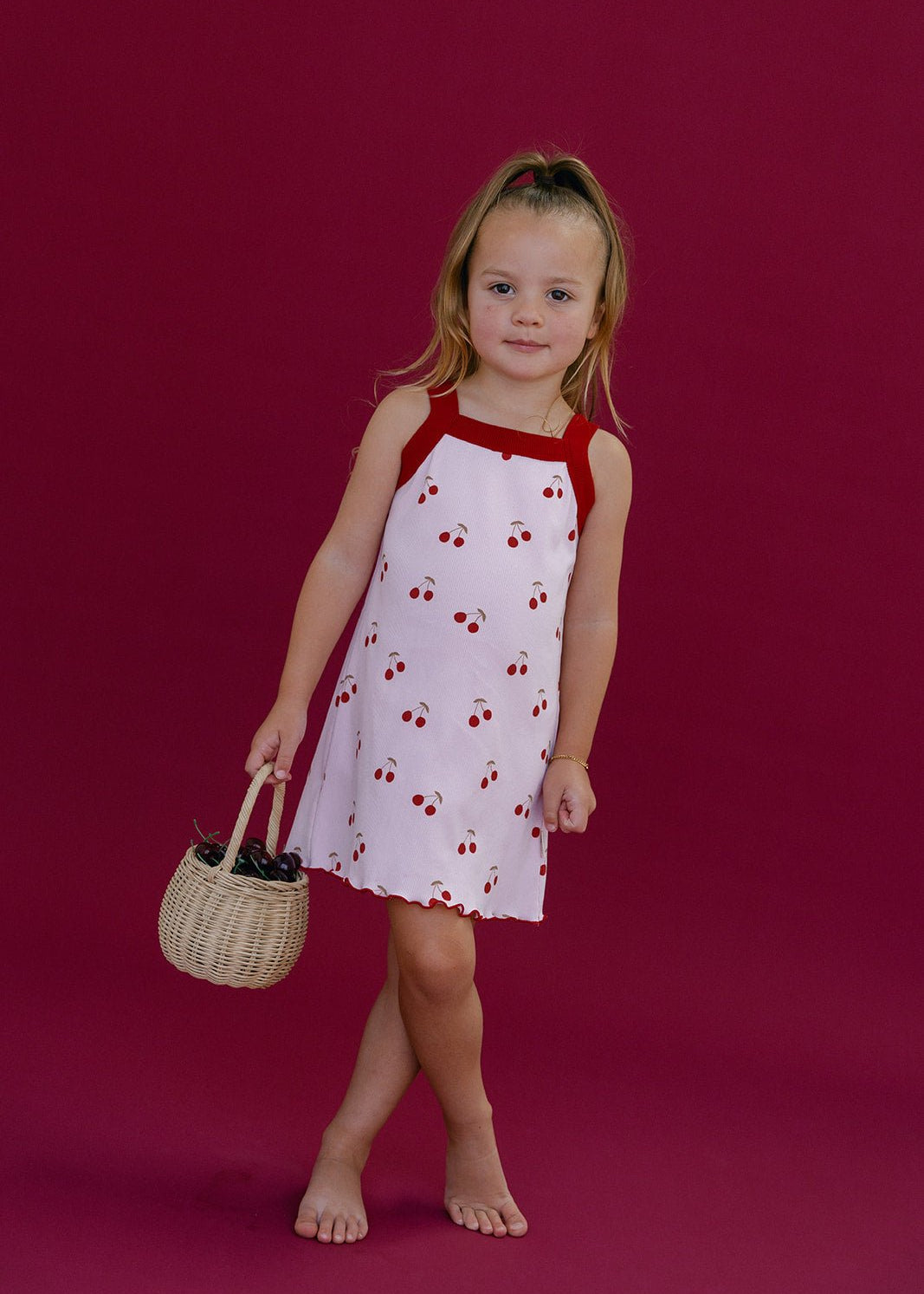 Cherries Rib Dress - Baby Pink/Red - MYLA JANE