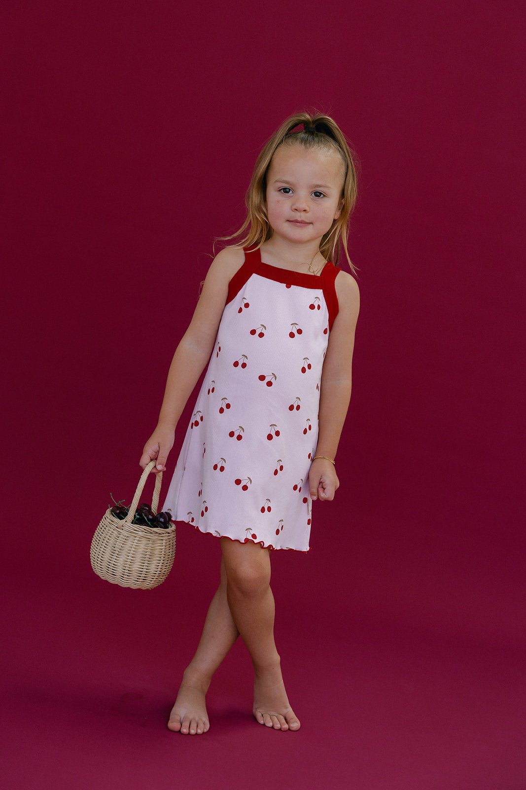 Cherries Rib Dress - Baby Pink/Red - MYLA JANE