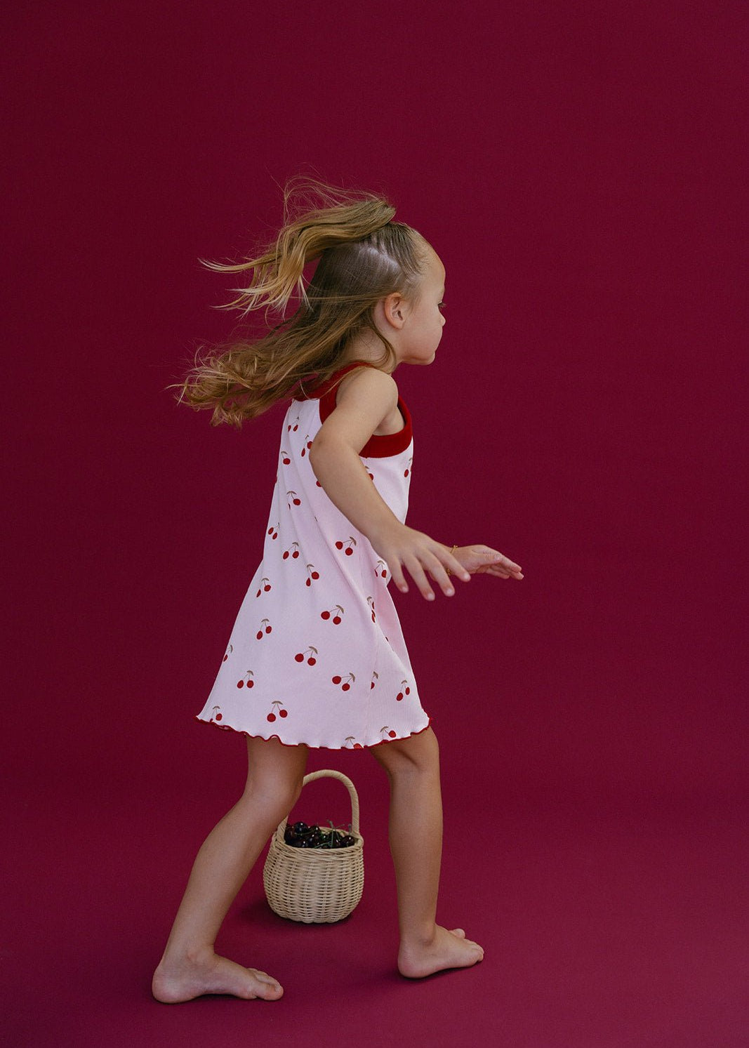 Cherries Rib Dress - Baby Pink/Red - MYLA JANE