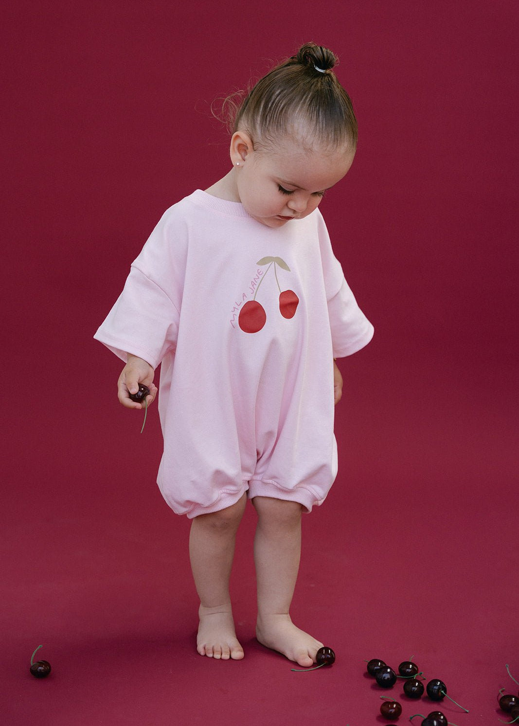 Cherries T-Shirt Romper - Baby Pink - MYLA JANE
